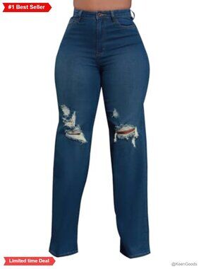 Wide Leg Straight Jeans High Waisted Ripped Baggy Denim Pants
